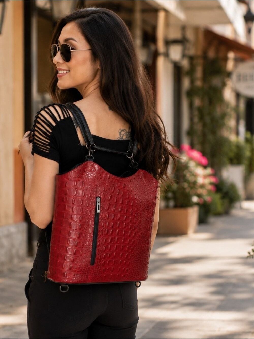 Moda in Pelle Firenze Gaia Convertible Italian Embossed Calfskin Leather Bag Red